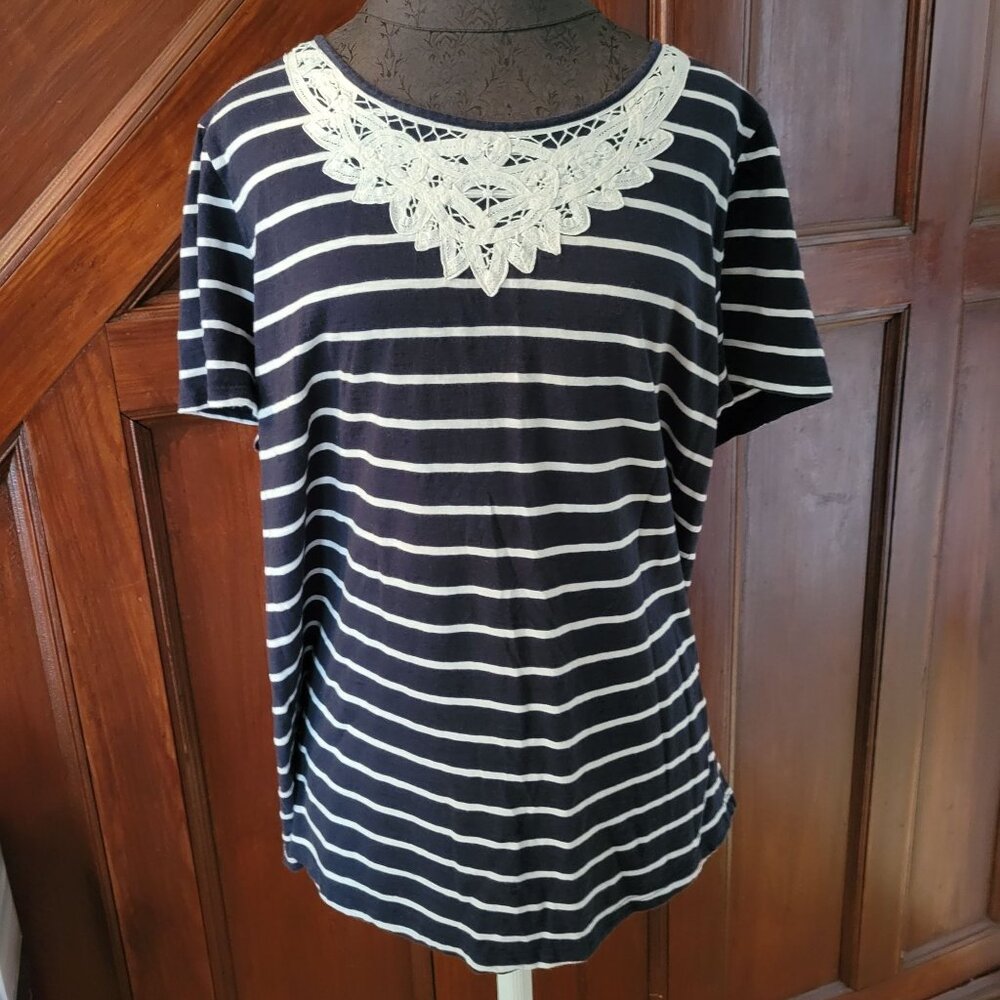 Talbots Navy White Striped Cotton Womens Top W/ Lace Detail Short Sleeve Size 2X